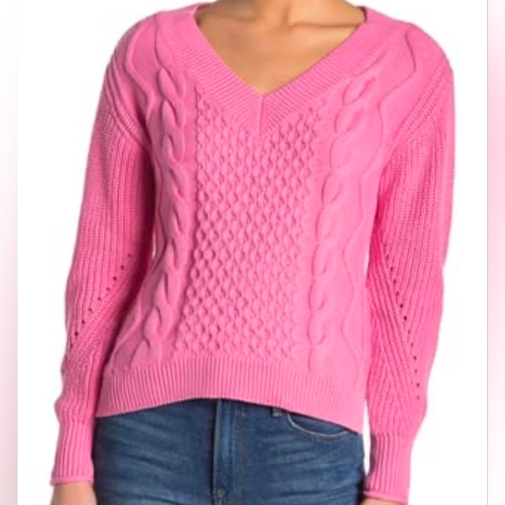 Abound Soft Pink Cable Knit V-Neck Pullover Sweater,Long Sleeves, 100% Cotton XS